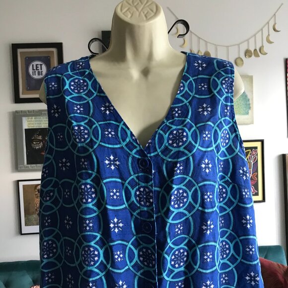 LIZ CLAIBORNE size XL Blue Geometric Print Sleeveless Linen Blend Dress Pockets - Picture 2 of 5